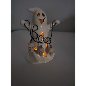Ceramic Ghost Tealight Candle Holder with Hanging Skulls & Wired Boo ~Vintage~
